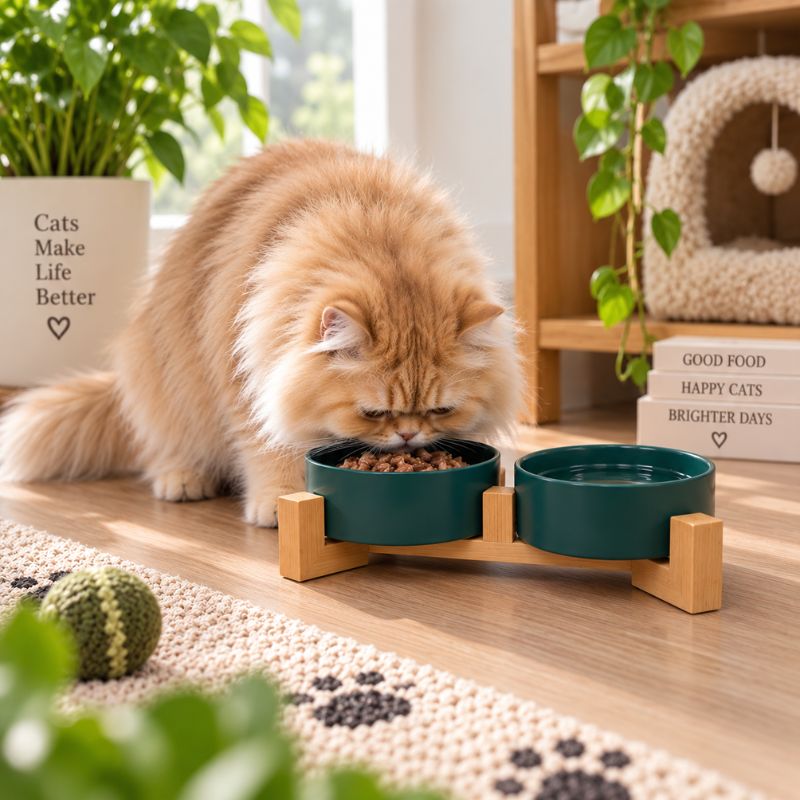 Elevated pet ceramic bowl set with bamboo stand green colour