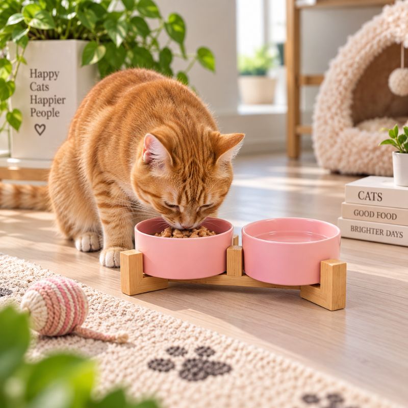 Elevated pet ceramic bowl set with bamboo stand pink colour