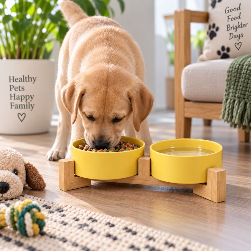 Elevated pet ceramic bowl set with bamboo stand yellow color