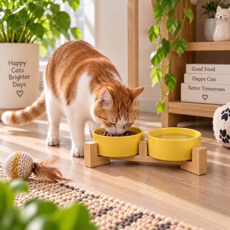 Elevated pet ceramic bowl set with bamboo stand yellow colour