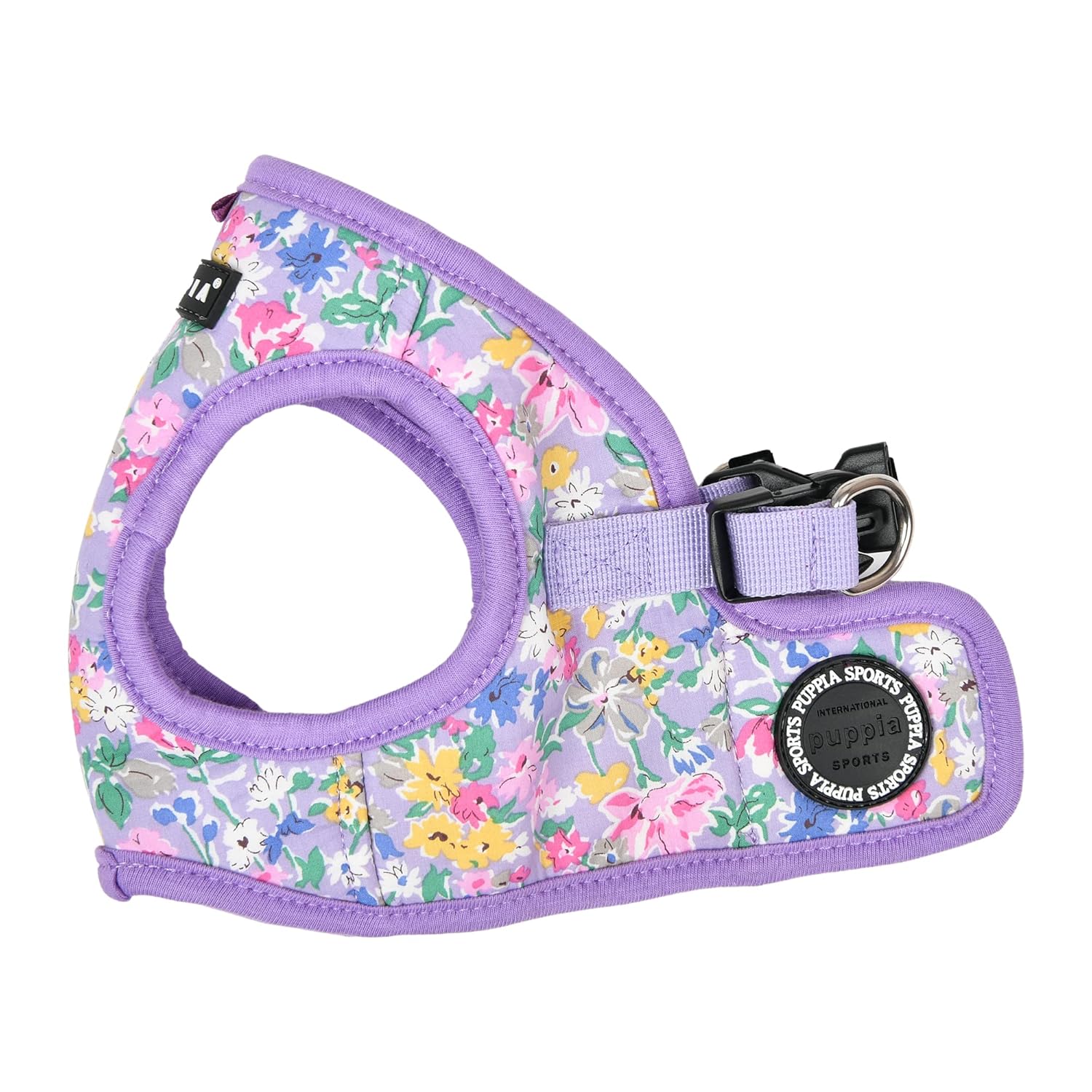 Floral-patterned dog harness with a purple border 