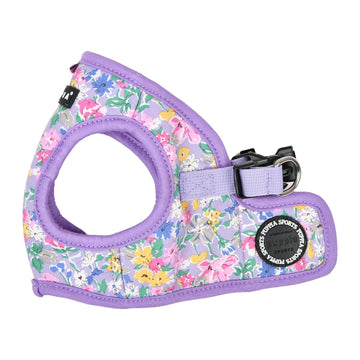Floral-patterned dog harness with a purple border 
