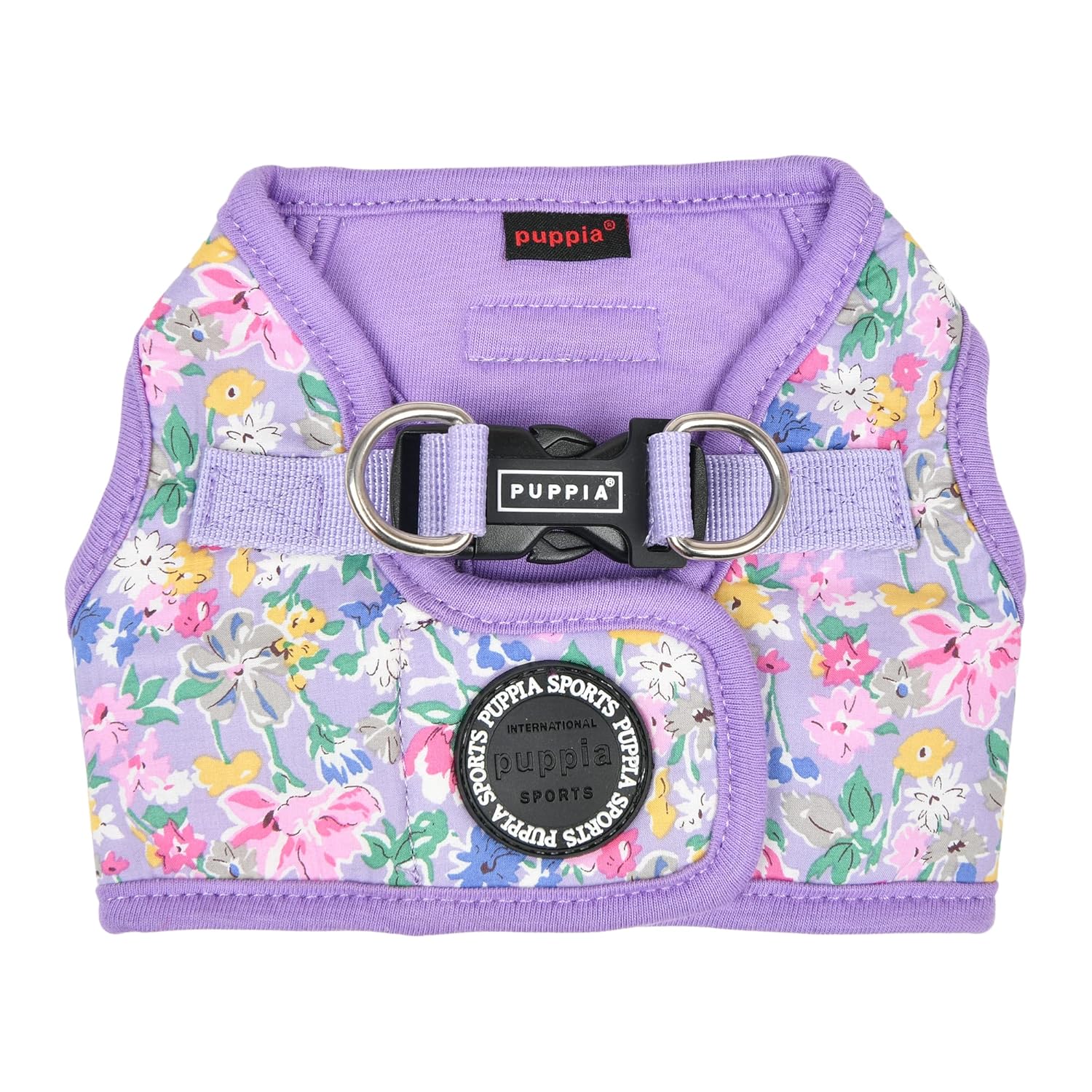 Floral-patterned dog harness with Puppia branding 