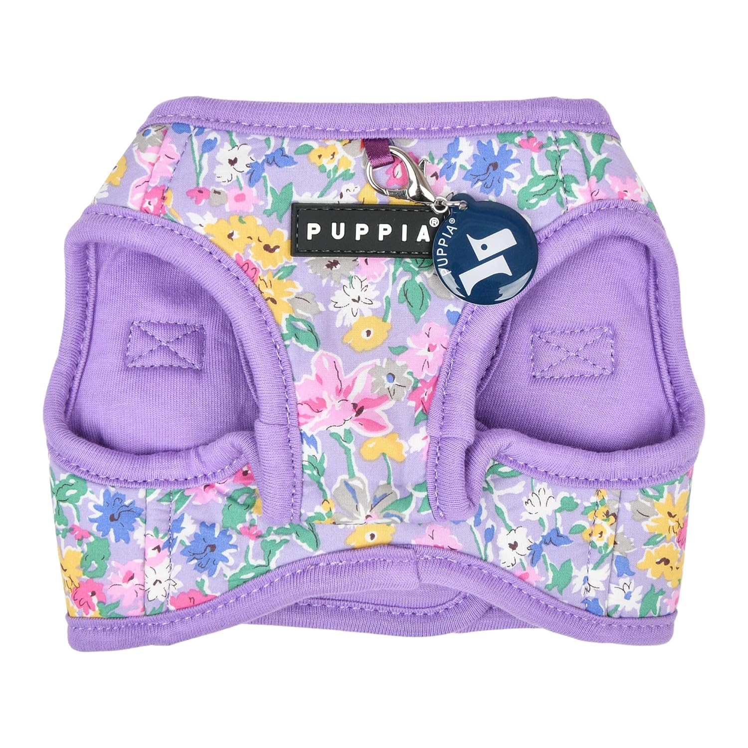 Floral-patterned dog harness with Puppia branding