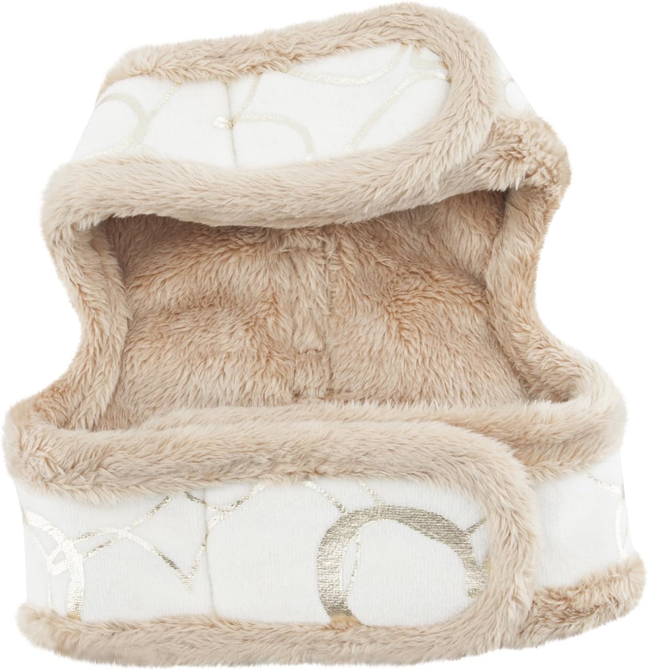Beige and white quilted pet harness with fur trim on a white background