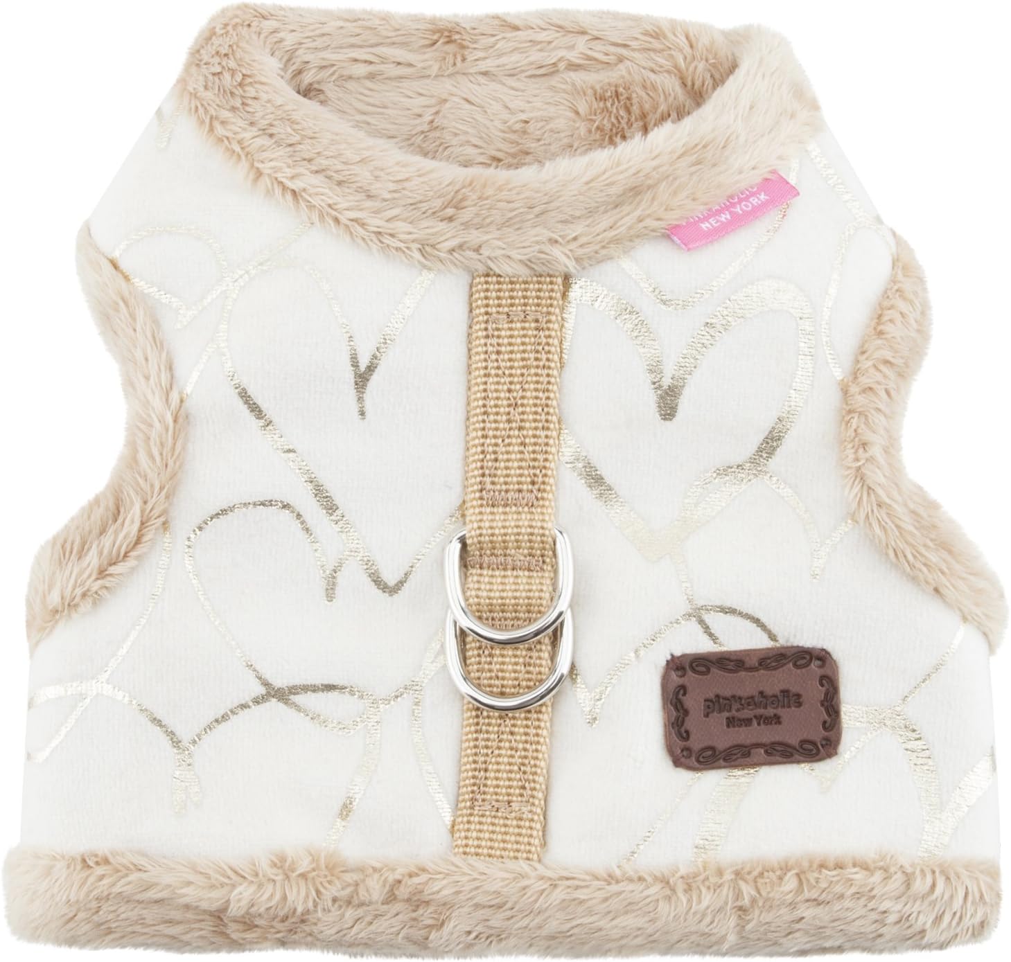 Dog vest with white pattern and beige trim on a white background
