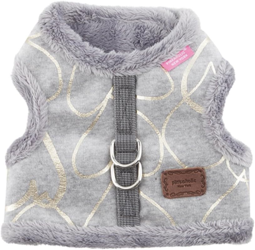 Gray pet vest with gold leaf pattern and visible brand logo on a white background