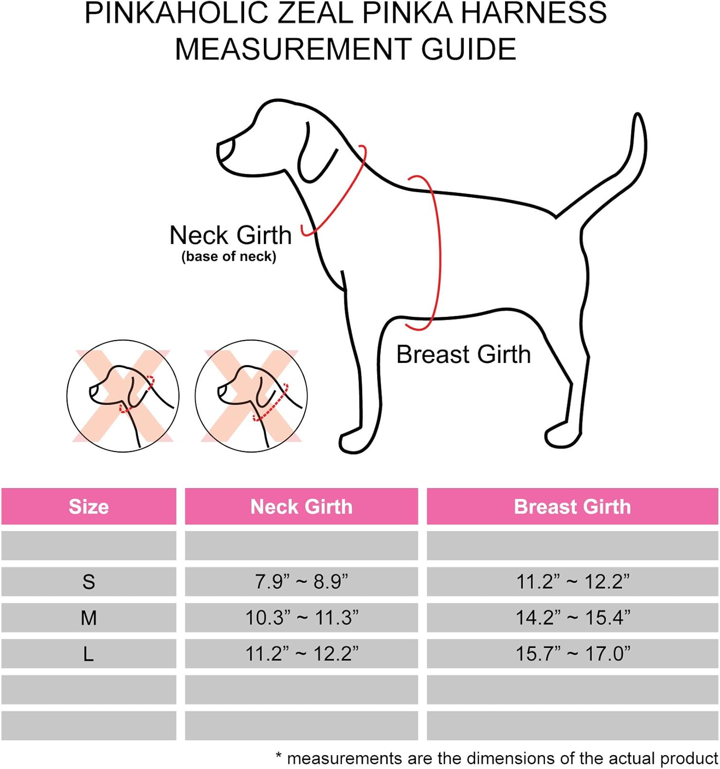 Measurement guide for Pinkaholic Zeal Pinka harness with a dog illustration and size chart.