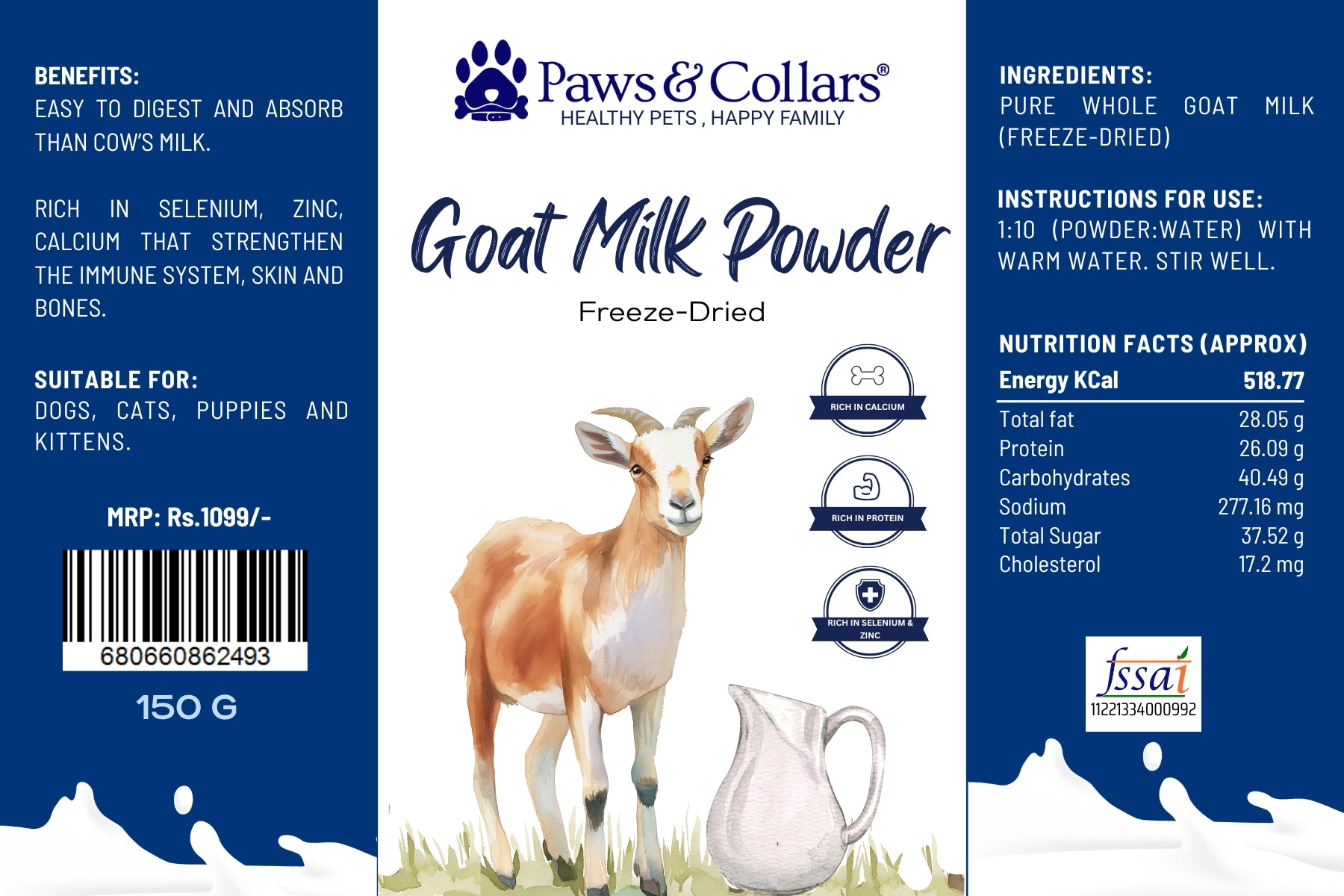 Paws & Collars Goat Milk Powder packaging with product details.