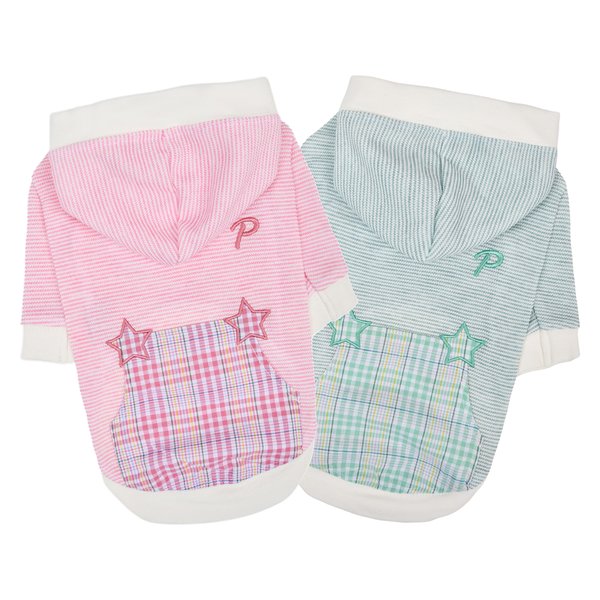 Two pet hoodies, one pink and one green, with star designs puppia dog t-shirt