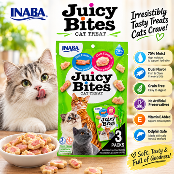 INABA Juicy Bites Cat Treats Calamari & Homestyle Broth Flavor | Soft & Moist Grain-Free Cat Treat | Vitamin E | No Artificial Preservatives | 3 x 11.3g (33.9g)