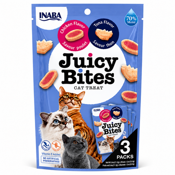 INABA Juicy Bites Cat Treat – Chicken & Tuna Flavor, Soft Moist Dual Texture Treats, Grain-Free, 3 x 11.3g (33.9g)