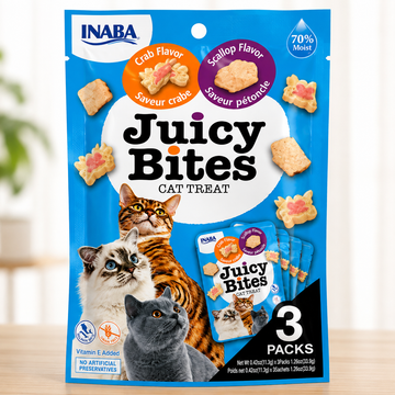 INABA Juicy Bites Cat Treat – Crab & Scallop Flavor, Soft Moist Dual-Texture Treats, Grain-Free, Vitamin E Added, 3 Packs (33.9g)