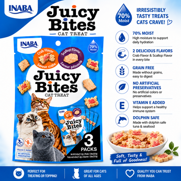 INABA Juicy Bites Cat Treat – Crab & Scallop Flavor, Soft Moist Dual-Texture Treats, Grain-Free, Vitamin E Added, 3 Packs (33.9g)