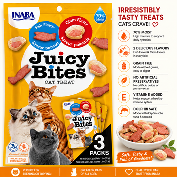 INABA Juicy Bites Cat Treats Fish & Clam Flavor | Soft & Moist Grain-Free Cat Treat | Vitamin E | No Artificial Preservatives | 3 x 11.3g (33.9g)