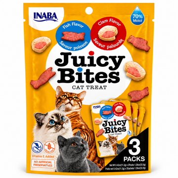INABA Juicy Bites Cat Treats Fish & Clam Flavor | Soft & Moist Grain-Free Cat Treat | Vitamin E | No Artificial Preservatives | 3 x 11.3g (33.9g)