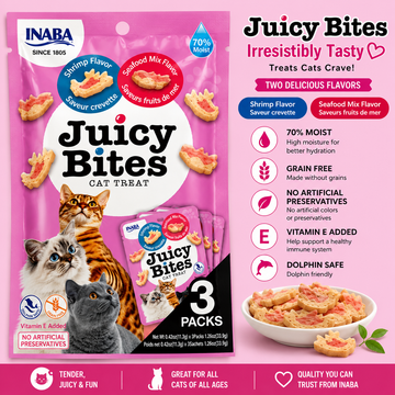 Inaba Juicy Bites Cat Treat – Shrimp & Seafood Mix Flavor, Soft Moist Cat Treats with Tuna Filling, 3 x 11.3g (33.9g)