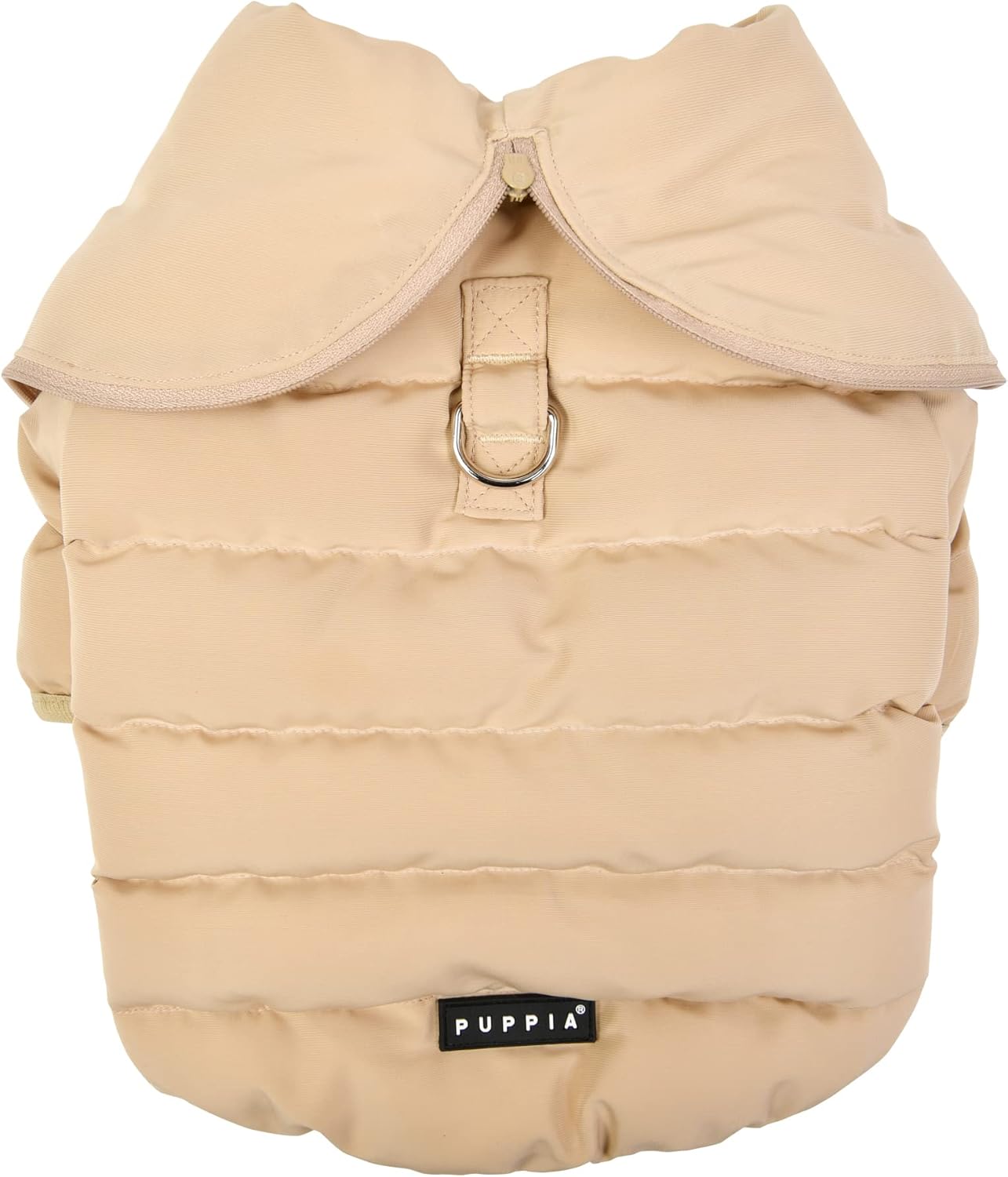 Beige pet coat with a collar and Puppia label 