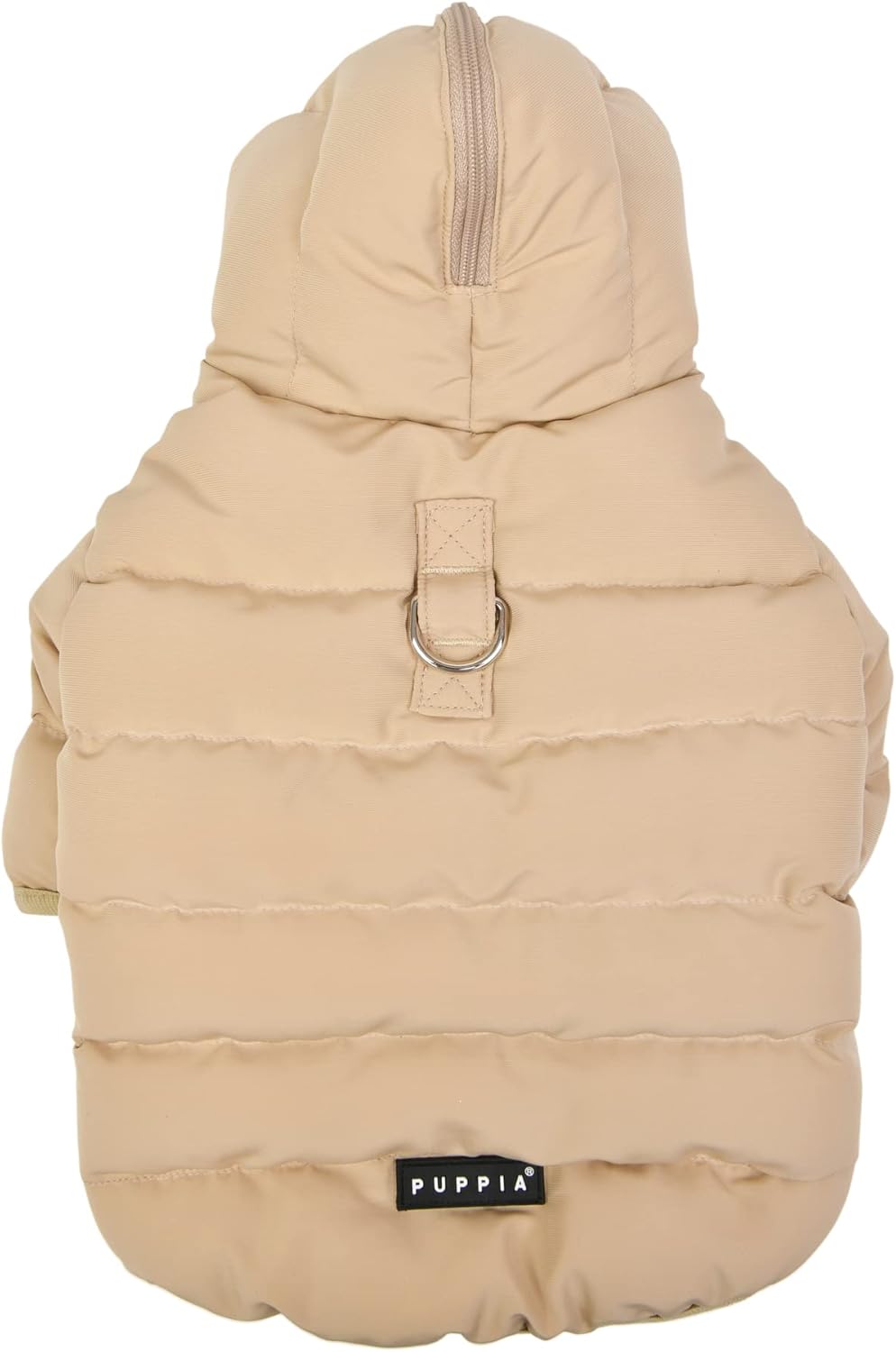 Beige puffer dog coat with a hood on a white background, featuring the Puppia brand.