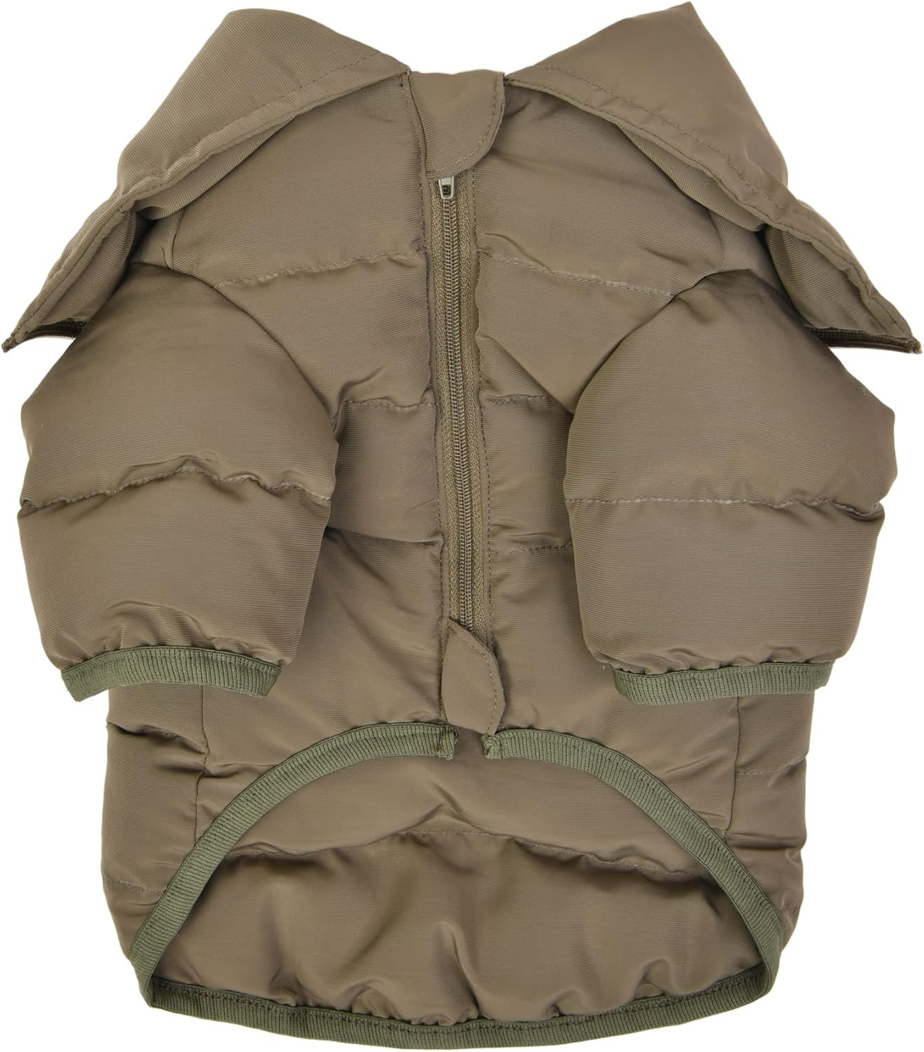 Brown puffer dog vest with green trim 