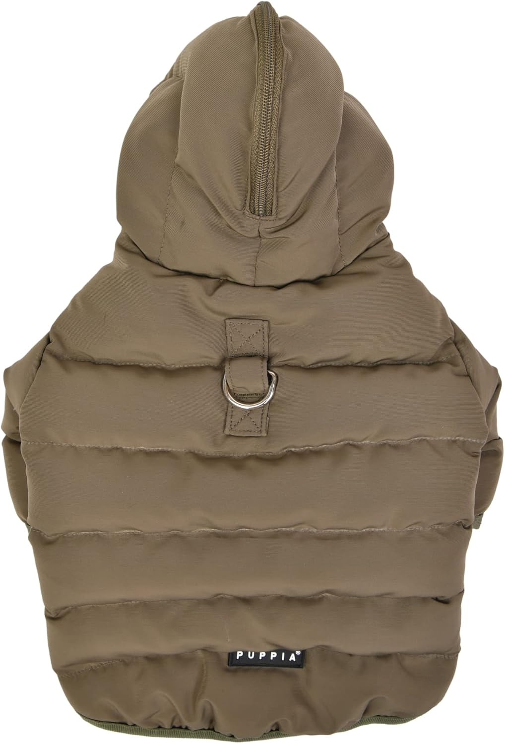 Brown puffer vest with a hood on a white background, featuring the Puppia brand.