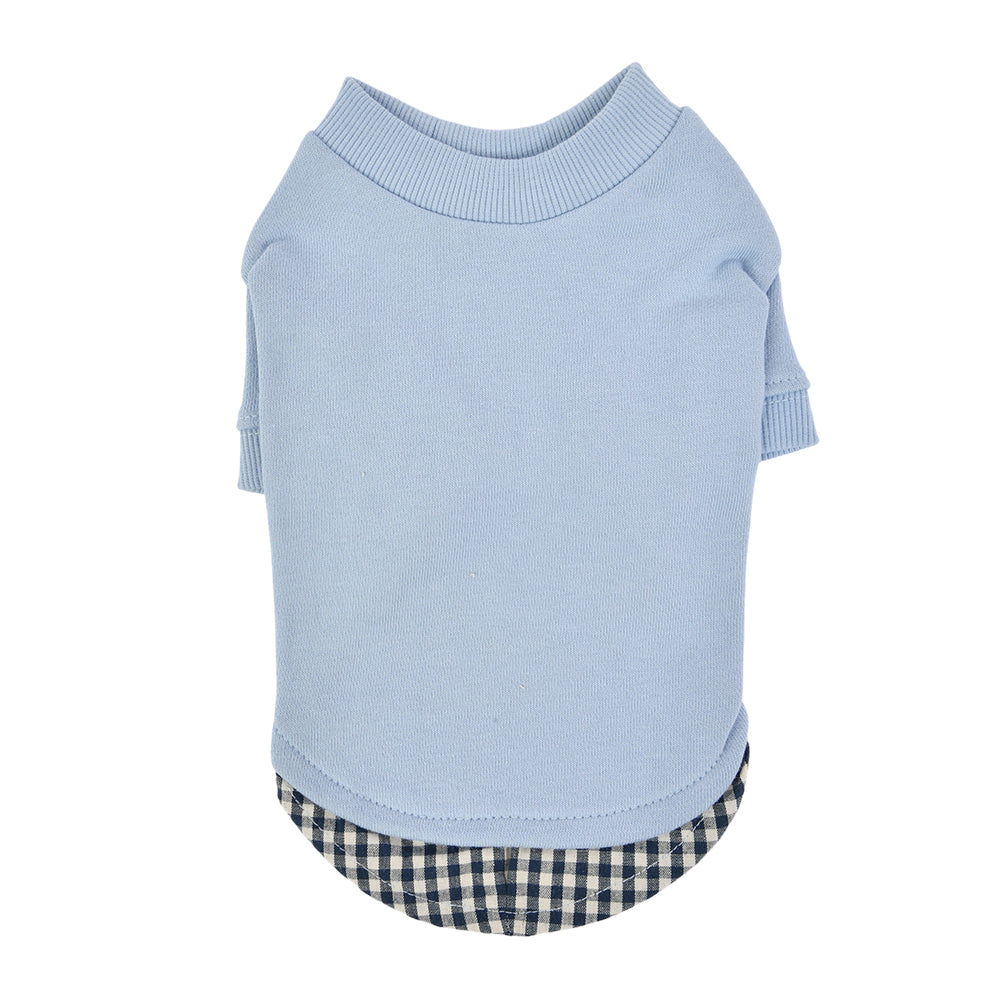 Light blue dog layered t-shirt with plaid trim 