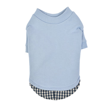 Light blue dog layered t-shirt with plaid trim 
