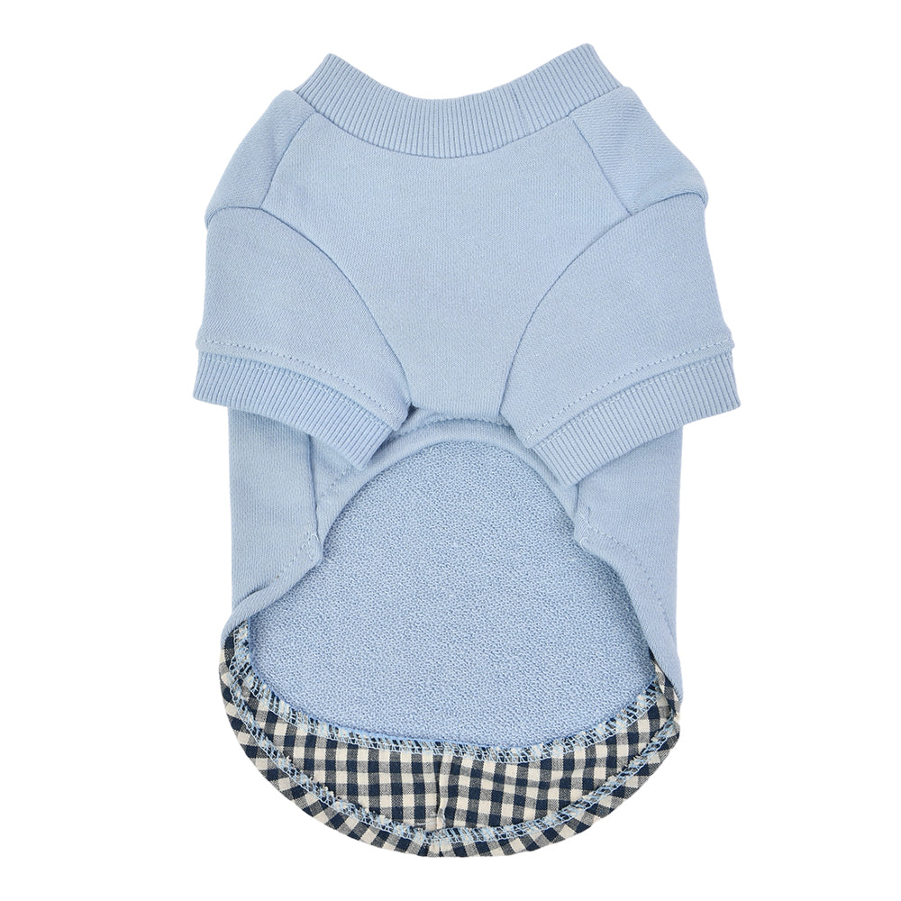 Light blue dog layered t-shirt with plaid trim 