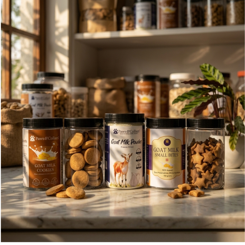 Assorted pet food products including cookies and powder on a marble surface with a blurred background.