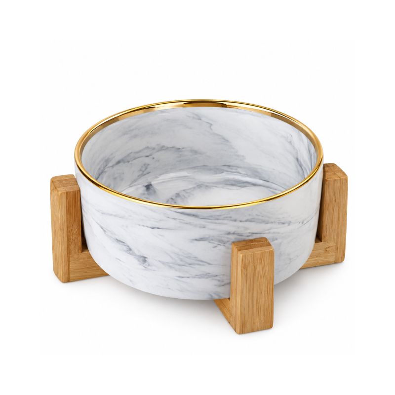 PawsnCollars ceramic elevated bowl set with natural bamboo stand