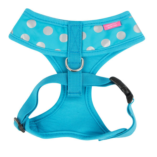 Blue dog harness with white polka dots 