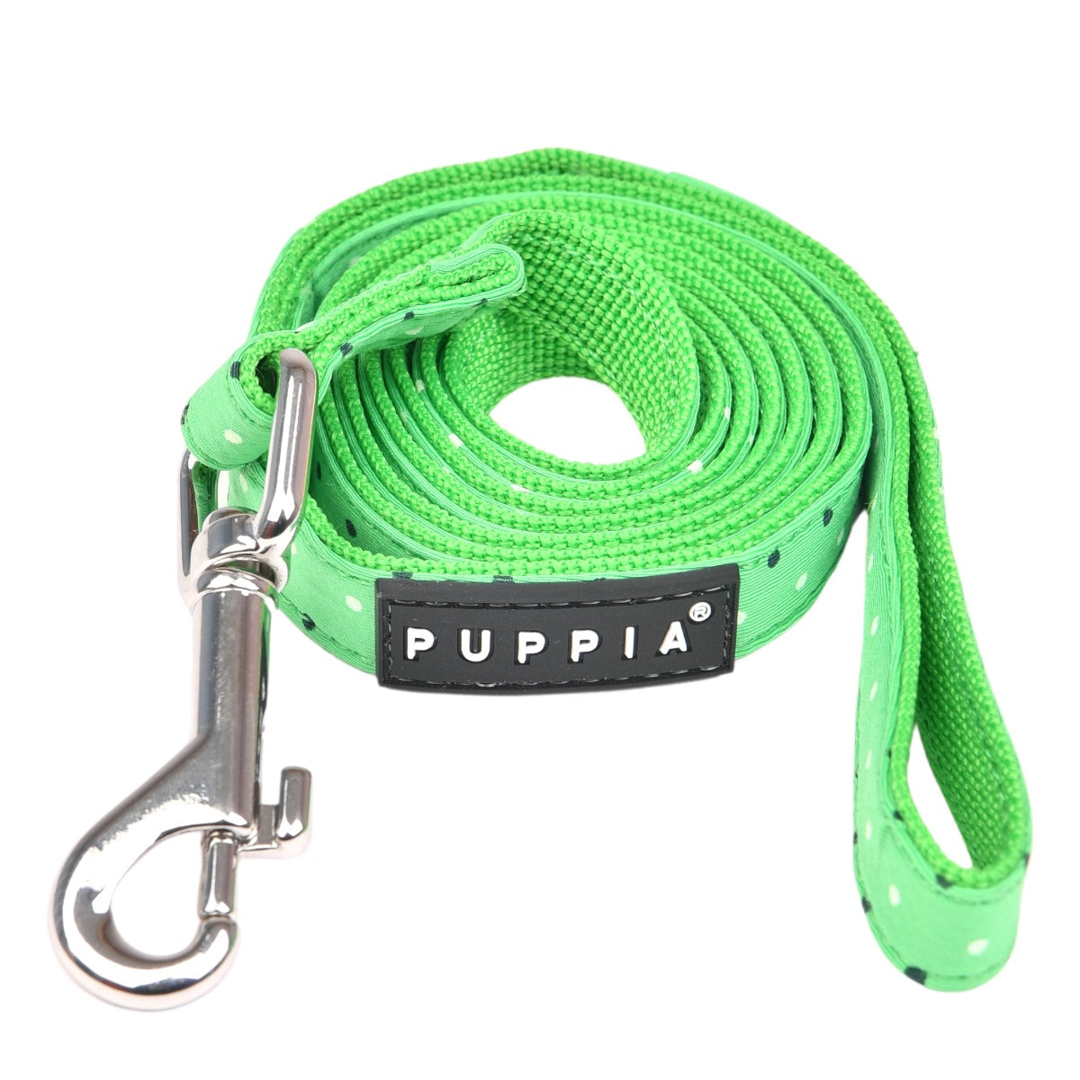 Green dog leash with metal clip and Puppia logo on a white background