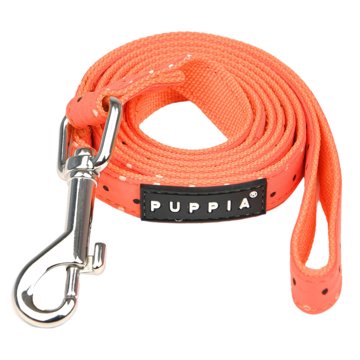 Orange dog leash with metal clip and Puppia logo on a white background