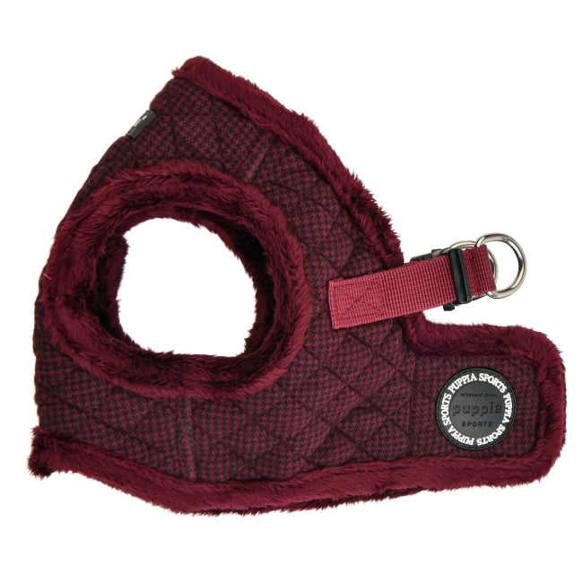 Wine plaid dog harness with a brand label 