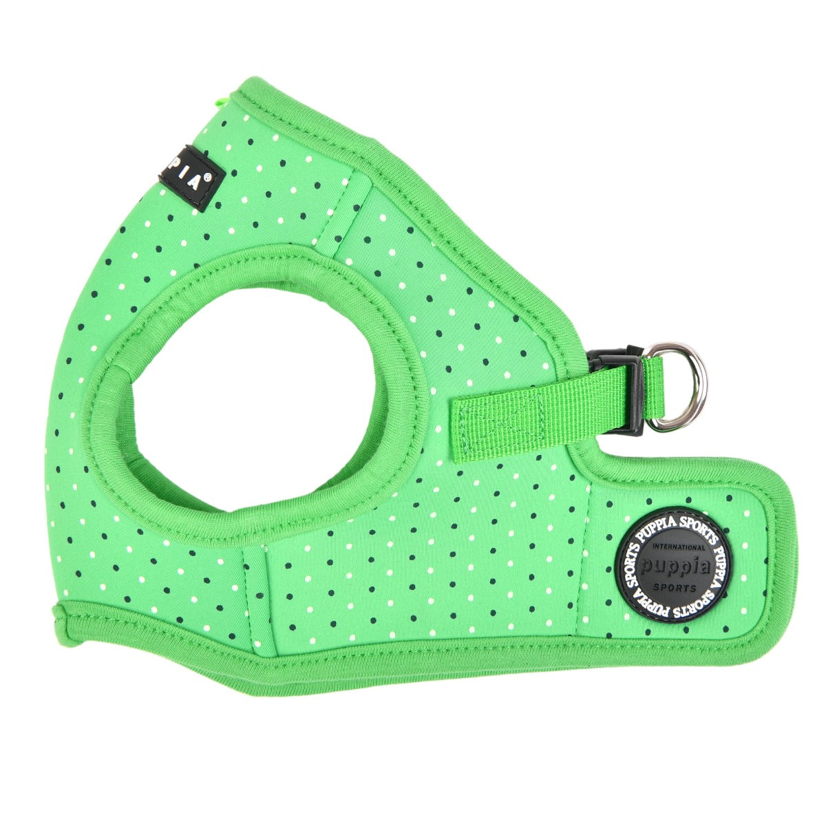 Green dog harness with white polka dots