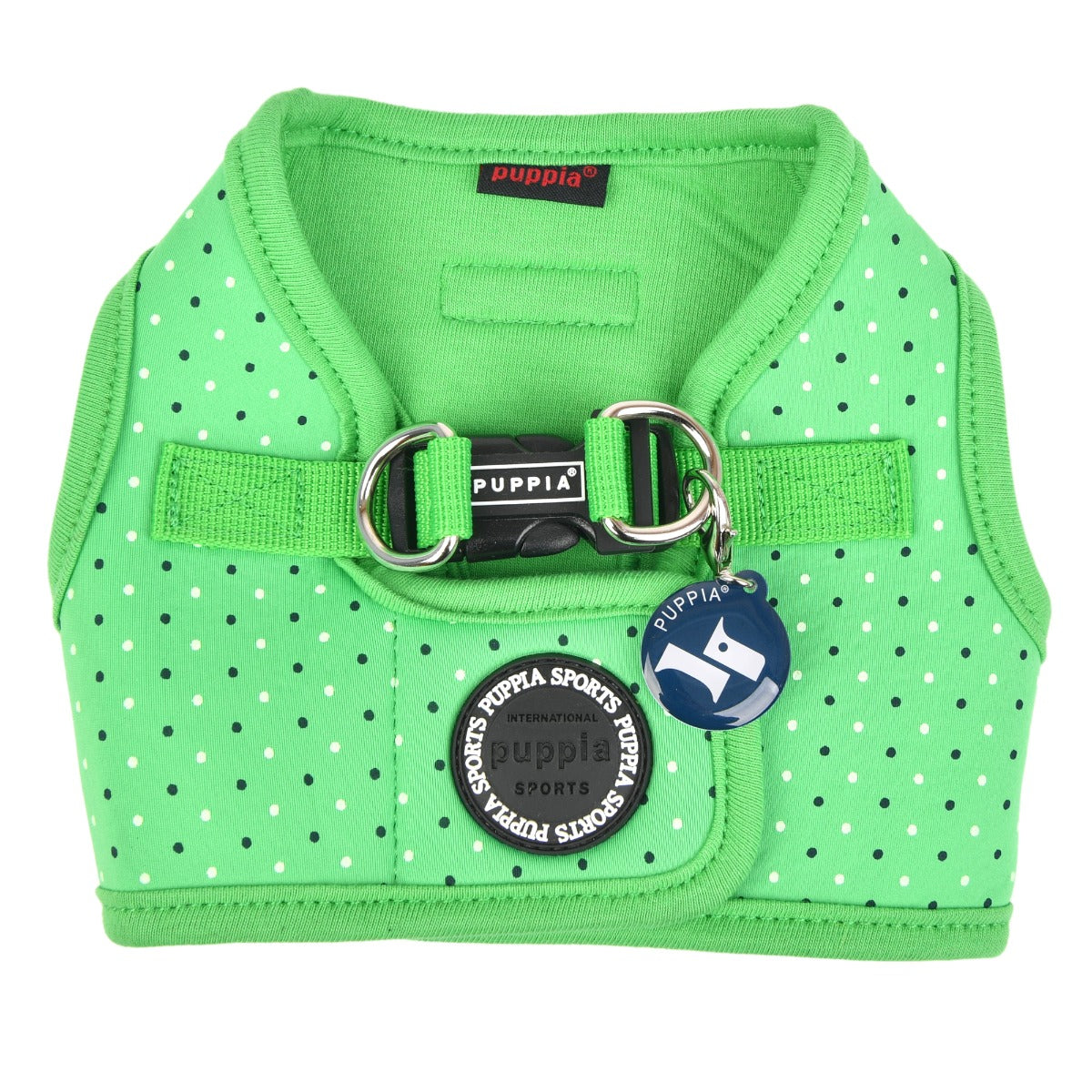 Green polka dot dog harness with Puppia branding 