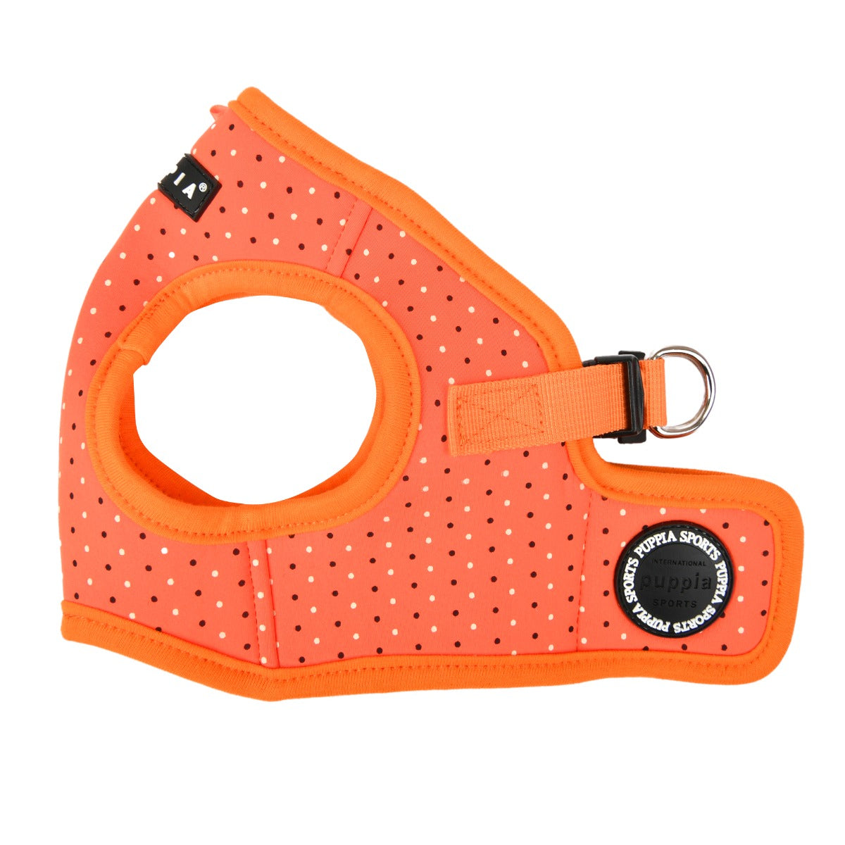 Orange dog harness for small dogs with polka dot pattern 