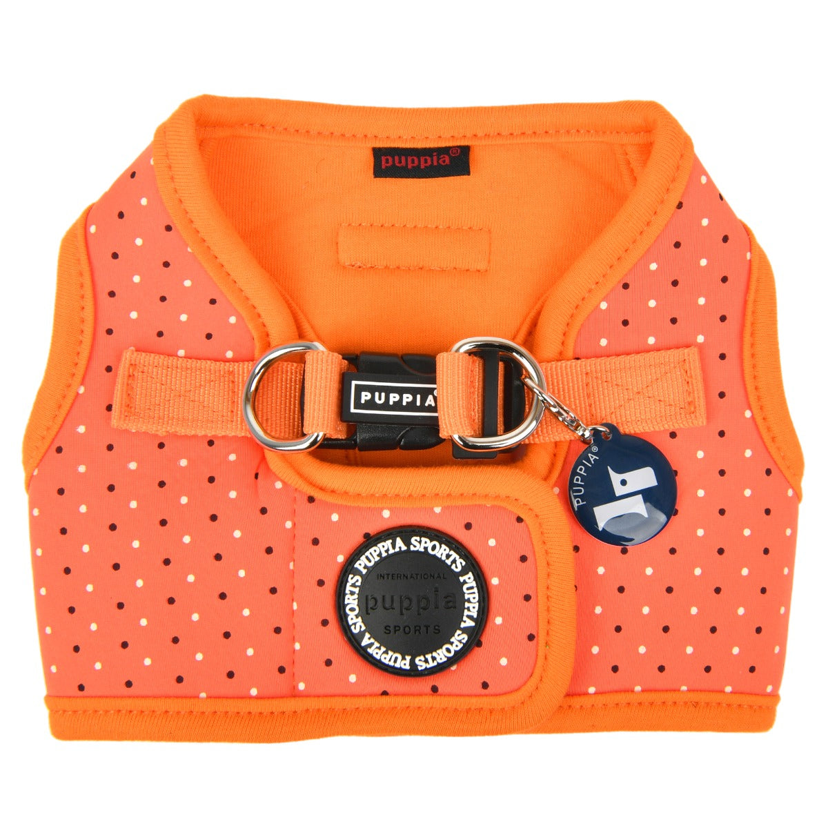 Orange dog harness for small dogs with polka dot pattern 
