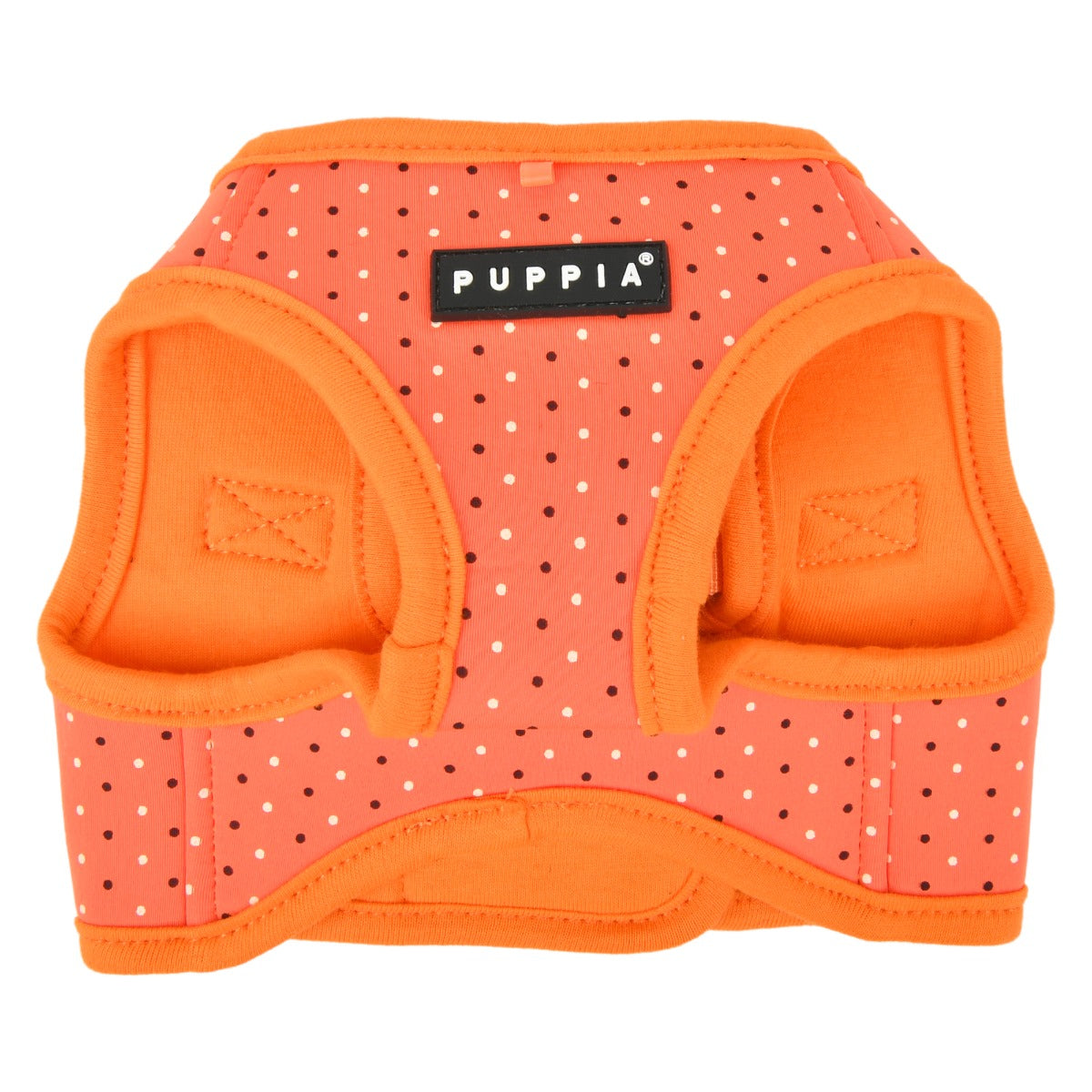 Orange dog harness for small dogs with polka dot pattern 