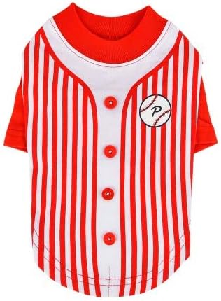 Red and white striped dog jersey with a baseball design 