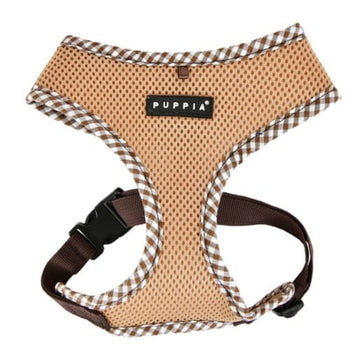 Puppia Dog harness with brown and white checkered trim 