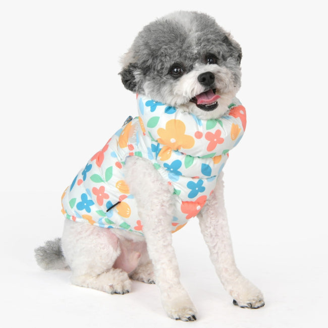 Small dog wearing a colorful floral-patterned jacket winter dog sleeveless coat harness