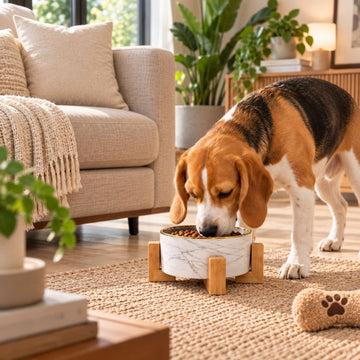 White ceramic elevated pet bowl set with bamboo stand for dogs and cat