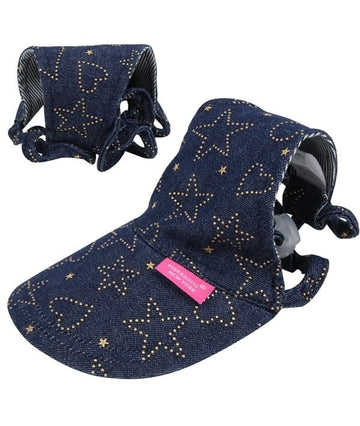 Navy blue dog dog cap with star pattern and pink tag on a white background