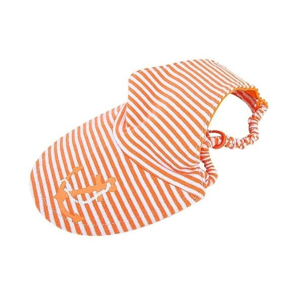 Orange and white striped dog cap with a small logo
