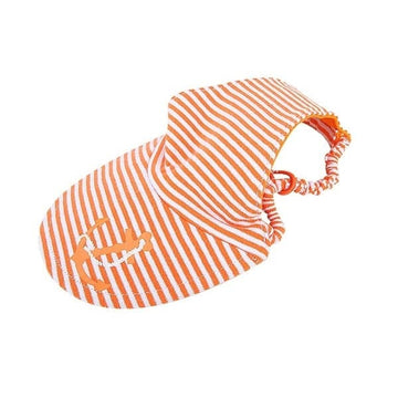Orange and white striped dog cap with a small logo