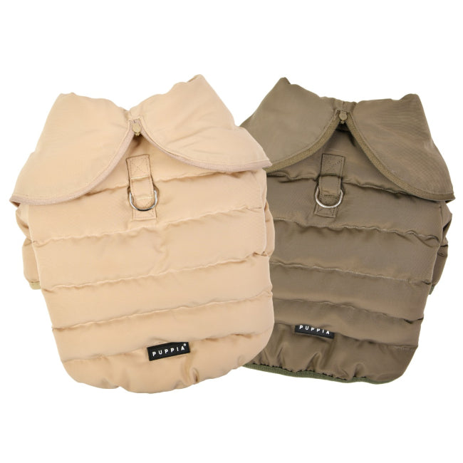 Two dog coats, one beige and one brown, with 'Puppia' branding