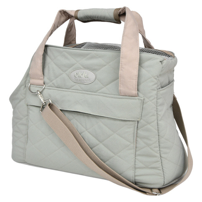 Quilted pet carrier with beige straps 