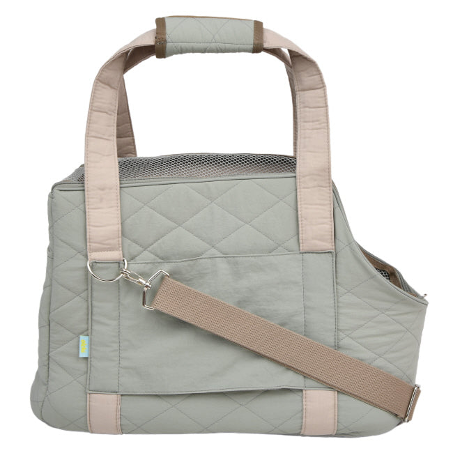 Quilted gray pet_carrier_bag_olive bag with beige handle and strap 