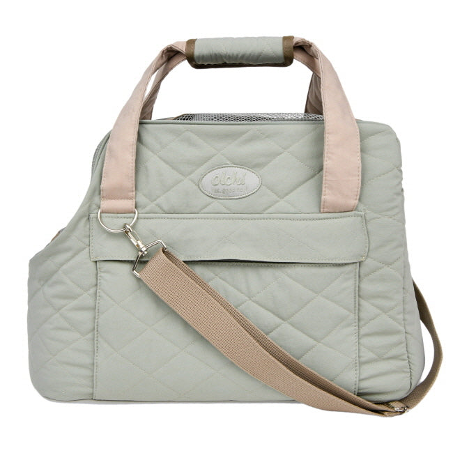 Quilted gray pet_carrier_bag_olive bag with beige handle and strap 